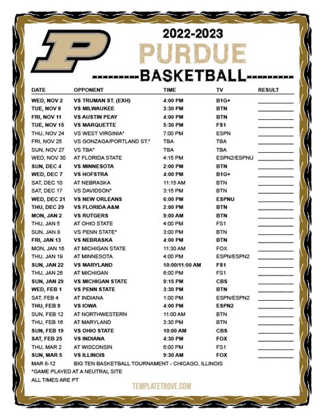 Purdue Basketball Schedule 2022 Printable